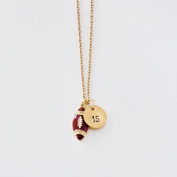 Personalized football number necklace Gold mini rhinestone enamel football necklace Custom football jewelry Football mom necklace