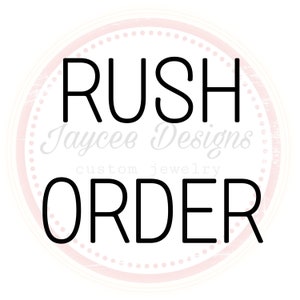 May include: A white circle with a pink dotted border and the text "Rush Order" in black, with the words "Jaycee Designs custom jewelry" in a smaller font below.