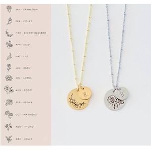 Birth flower initial necklace Birthflower personalized jewelry Silver or Gold Mom mothers day gift necklace Birth month flower jewelry