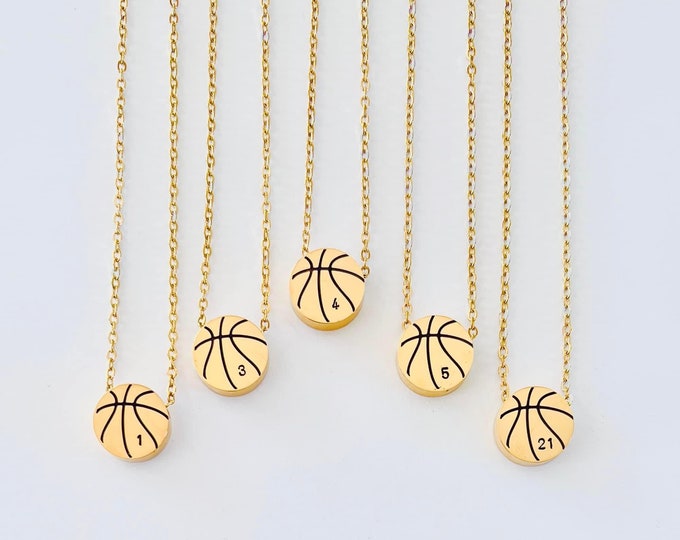Personalized basketball number necklace Silver gold small steel metal basketball necklace Basketball number jewelry Basketball mom necklace