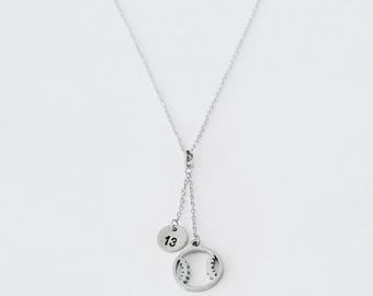 Baseball or softball number necklace Personalized baseball Gold silver stainless steel softball charm necklace Baseball mom softball player