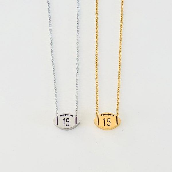 Personalized football number necklace Silver gold small steel metal football necklace Custom football jewelry Football mom necklace