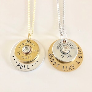 Shotgun shell necklace Personalized shotgun shell jewelry Shoot like a girl Winchester Remington Trap shoot clay shoot 12 or 20 gauge