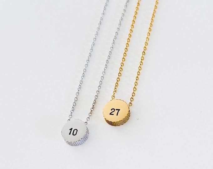 Personalized Hockey Puck Number Necklace: Stainless Steel Silver or Gold Hockey Mom Jewelry