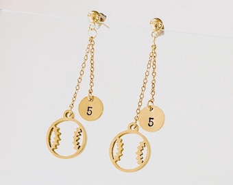 Baseball stud earrings. Softball dangle earrings. Silver or gold stainless steel baseball number earrings.