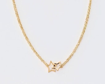 Double star necklace. Two interlocking stars. Celestial jewelry. Double heart necklace. Interlocking hearts. Silver gold stainless steel.