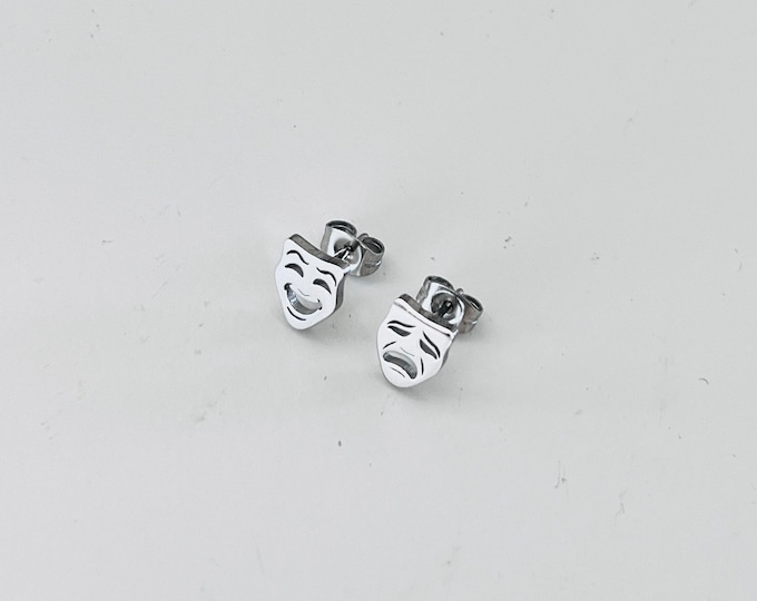 Tragedy Mask Stud Earrings: Stainless Steel Theater Jewelry Silver or Gold