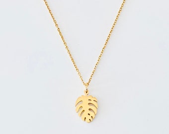 Collier feuille de Monstera : breloque plante délicate en or ou en argent, acier inoxydable