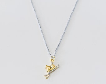 Ski Necklace: Silver and Gold skier jewelry snow skis and boots Down hill skiing