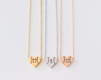 Personalized baseball heart number necklace Silver gold softball heart necklace Softball player number jewelry Baseball mom necklace
