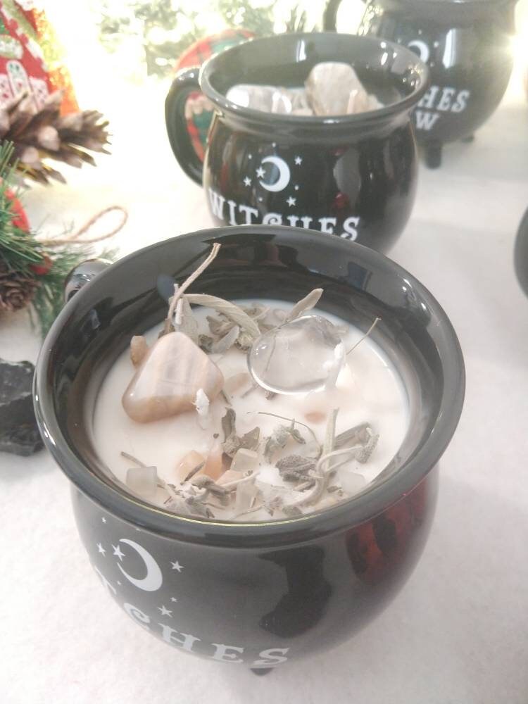 Coffret Bougie Chaudron Protection - Pierre de Lune et Cristal Roche Sauge Coffret Palo Santo Obsidi