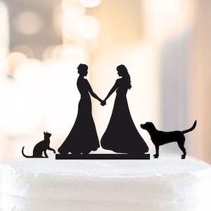 Lesbian cake topper,lesbian with dog and cat,wedding with dog and cat cake topper,mrs and mrs with dog and cat,lesbian silhouette (1038)