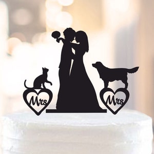 Lesbian cake topper,lesbian with dog and cat,lesbian wedding cake topper,mrs and mrs cake topper with dog and cat,lesbian silhouette (1077)