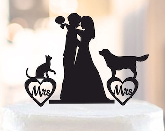 Lesbian cake topper,lesbian with dog and cat,lesbian wedding cake topper,mrs and mrs cake topper with dog and cat,lesbian silhouette (1077)