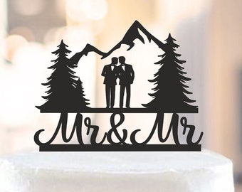Gay Wedding Cake Topper with Mountain and Forest - Two Grooms Silhouette Adventure Cake Decoration