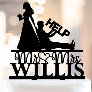 Funny Wedding Cake Topper, Custom Cake Topper for Wedding with Bride and Groom, Bride dragging groom silhouette cake topper,Help topper cake