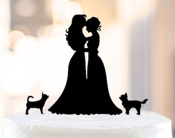 Lesbian and Dog Cake Topper,Mrs and Mrs with two dogs,Lesbian +Dog Silhouette Cake Topper,Lesbian Weddings,Lesbian Couple Cake Topper (1039)