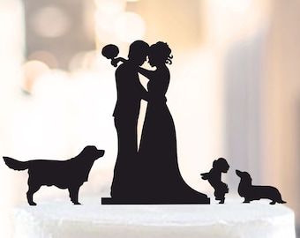 Wedding Cake Topper With Three Dogs,Wedding Cake Topper With Dog,Wedding Silhouette Cake Topper With Dog,Mr and Mrs Topper With Dog 1067