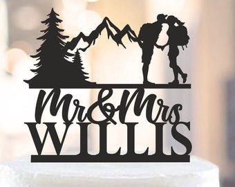 Hiking Couple wedding cake topper,Bride and Groom outdoor wedding,outdoor cake topper,Mountain Wedding Topper with trees,Backpacking 1451