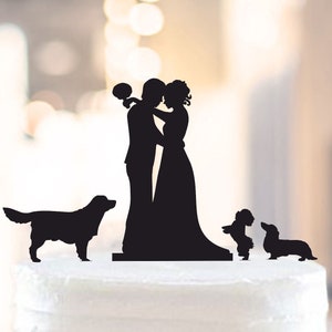 Wedding Cake Topper With Three Dogs,Wedding Cake Topper With Dog,Wedding Silhouette Cake Topper With Dog,Mr and Mrs Topper With Dog 1067