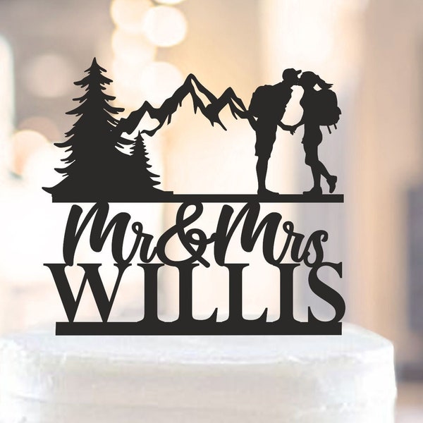 Hiking Couple wedding cake topper,Bride and Groom outdoor wedding,outdoor cake topper,Mountain Wedding Topper with trees,Backpacking 1451