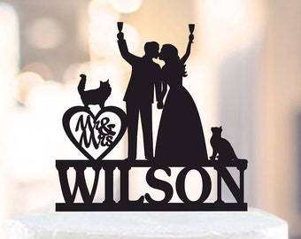 Wedding cake topper with cat,Wine glasses wedding cake topper,Cat cake topper,Wine cake topper,Last name cake topper,Toasting topper 1356