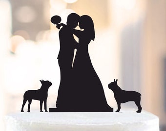 Wedding cake topper with dogs, Mr and Mrs cake topper + 2 dogs, Pair toppers with two dogs, Boston terriers and Couple Wedding cake topper