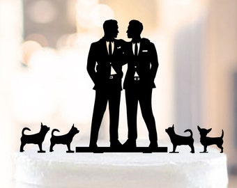 Gay Cake Topper With dogs, Gay Cake Topper + four Dogs,Gay Wedding Cake Topper,Gay topper,mr and mr + four dogs,Groom and Groom + dogs (1087