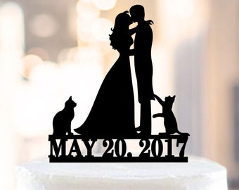 Wedding cake topper with date,Cake topper with cats,silhouette cake topper with two cats,cats cake topper,Topper for wedding cats (1133)