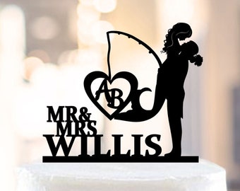 Mermaid Wedding cake topper Fishing mr and mrs cake topper, Fisherman cake topper, groom lifting bride, heart cake decor (1239)