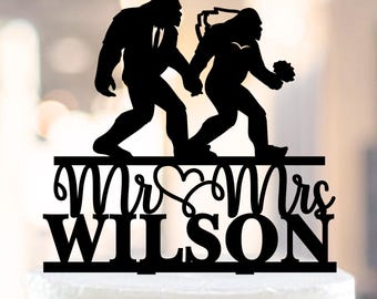 Bigfoot Bride and Groom Wedding Cake Topper, Funny Bigfoot Cake Toppers, Funny Weddings, Bigfoot party sasquatch decoration, big foot cake