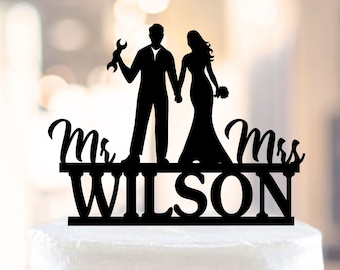 Mechanic and Bride Wedding Cake Topper, Auto  Mechanic Cake Topper, Funny Wedding Cake Topper,Bride and Mechanic Couple Cake Topper,Mr & Mrs
