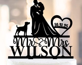Wedding Cake Topper with Dog and Date, Custom Cake Topper + dog, Silhouette cake topper with dogs, Bride and Groom Cake Topper With Heart