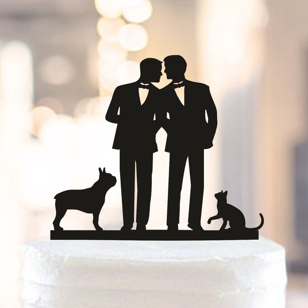 Gay Wedding cake topper with cat + dog, gay silhouette for men, gay cake topper,Gay with cat + dog,dog + cat silhouette cake topper (1020)
