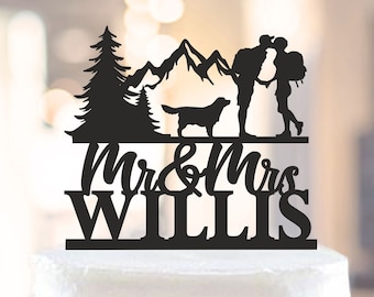 Mountian Topper with dog, Hiking Wedding Cake Decorations, Couple With Backpacking Cake Toppers, hike cake topper, Outdoor Weddings 1450
