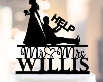 Funny Wedding Cake Topper, Custom Cake Topper for Wedding with Bride and Groom, Bride dragging groom silhouette cake topper,Help topper cake