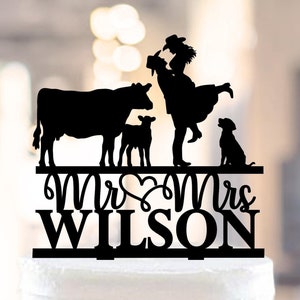 Farm Wedding Cake Topper, country Mr and Mrs cake topper, Cowboy Wedding Cake Topper, cow wedding cake topper, Wedding With Dogs Topper 1559