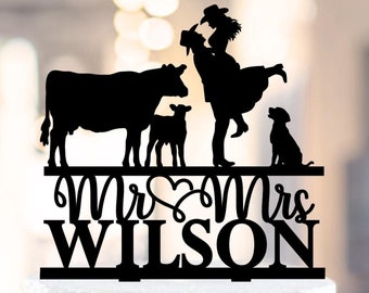 Farm Wedding Cake Topper, country Mr and Mrs cake topper, Cowboy Wedding Cake Topper, cow wedding cake topper, Wedding With Dogs Topper 1559