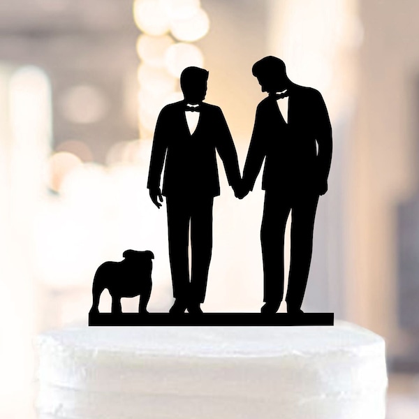 Gay Cake Topper + DOG, Two Grooms Cake Topper, Gay Wedding Cake Topper, Gay silhouette topper, Wedding Cake Topper For Men, mr and mr (1085)