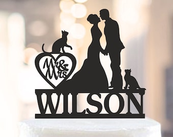 Silhouette Cake Topper with cats,Wedding Cake Topper,Mr and Mrs with cats Cake Topper,Two Cats Wedding Cake Topper,Cat Cake Topper 1349
