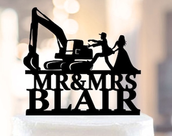 Excavator wedding cake topper, Digger and Couple Cake Topper, Construction Truck Cake Topper, Builder Custom Wedding Topper With Last Name
