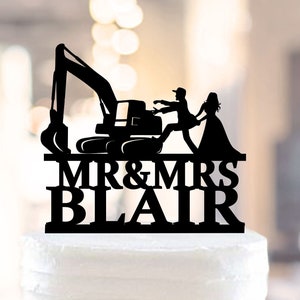 Excavator wedding cake topper, Digger and Couple Cake Topper, Construction Truck Cake Topper, Builder Custom Wedding Topper With Last Name