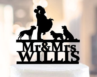 Wedding Cake Topper With Three Dog,Dog Wedding Cake Topper,Personalized Dog Silhouette Cake Topper,Mr and Mrs Wedding Cake Topper (1407)