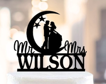 Moon and Stars Cake Topper,Mr and Mrs Wedding Cake Topper,Moon Cake Topper,Moon Silhouette,Bride and Groom Kissing,Custom Cake Topper 1293