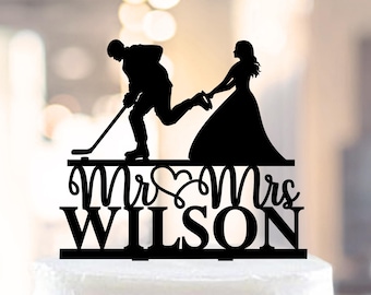 Hockey Wedding Cake Topper, Hockey Player Cake Toppers, Bride Dragging Groom, Hockey stick cake topper, Mr and Mrs Topper (1127)