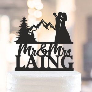 Mountian Hiking Couple Topper, bride and groom in mountains, Custom Wedding Cake Topper, Hiking Theme Wedding, hike cake topper 1525