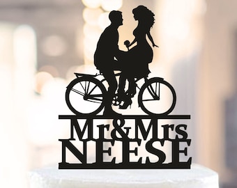 Wedding Bicycle Cake Topper,Wedding Cake Topper,Bride and Groom Silhouettes on Bike,Bicycle Silhouette Cake Topper,custom cake topper (1115)
