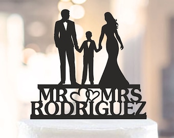 Family Cake Topper,Bride and Groom with little boy Cake Topper,Couple with child, Wedding Couple with Son, Custom Cake Topper (1241)