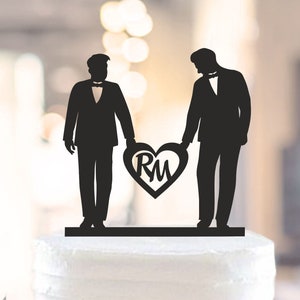 Décoration de gâteau de mariage gay avec coeur, décoration de gâteau gay avec initiales, décoration de gâteau gay initiales, deux silhouettes d&#39;hommes, cadeau de mariage gay
