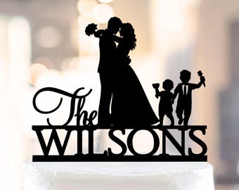 Custom Family Wedding Cake Topper - Bride and Groom Silhouette with Two Sons, Personalized Acrylic Decor